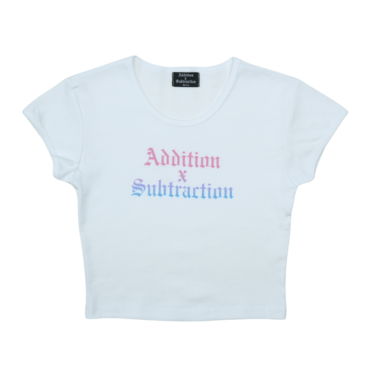 Addition By Subtraction Ladies White Baby Tee