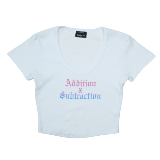 Addition By Subtraction Ladies White Scoop Tee