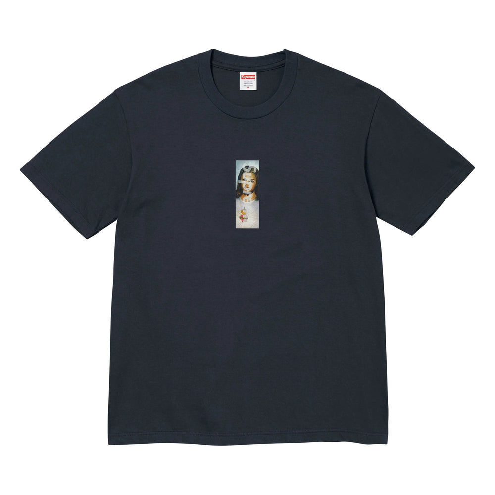 Supreme Prayer Card Box Logo navy T-shirt, front view