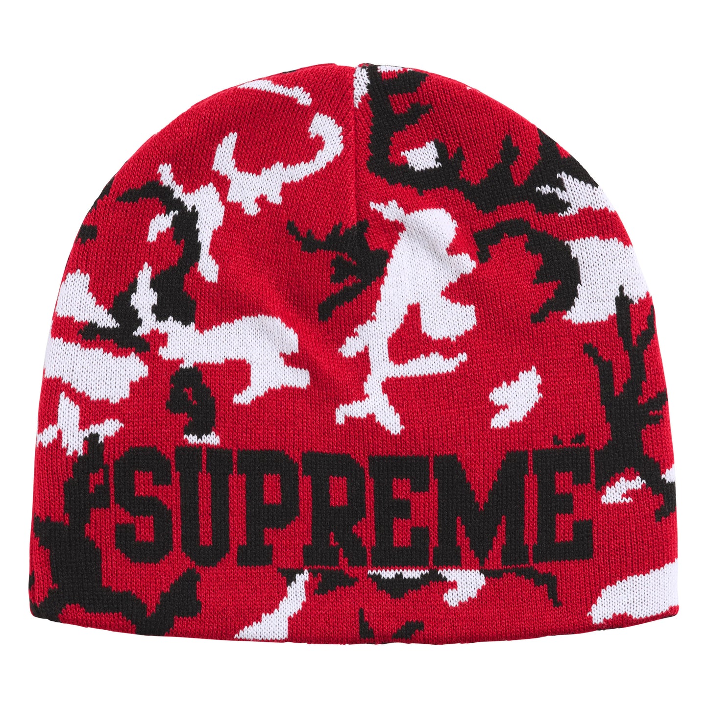 Supreme Reversible Camo red beanie, detail view
