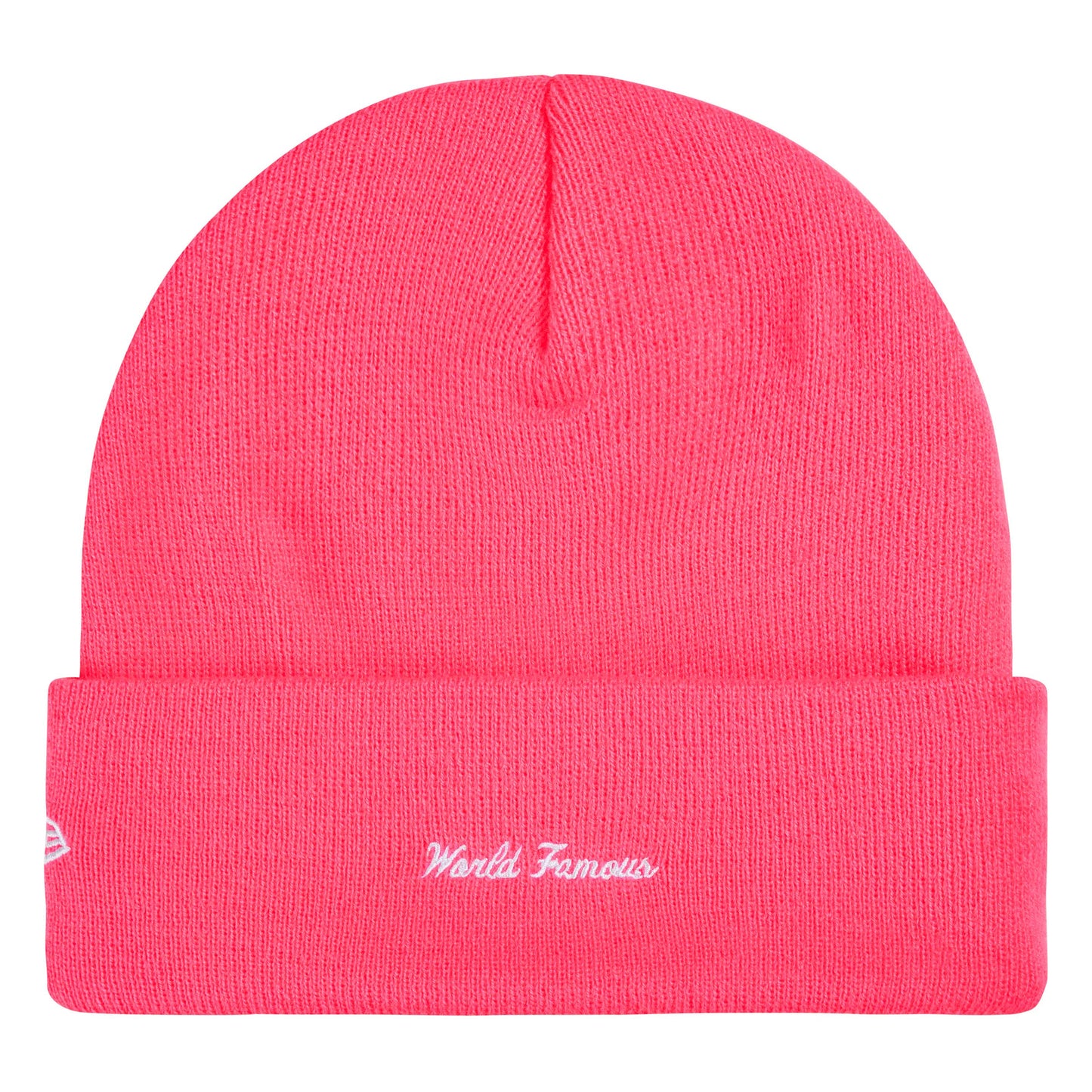 Supreme New Era Action pink beanie, back view
