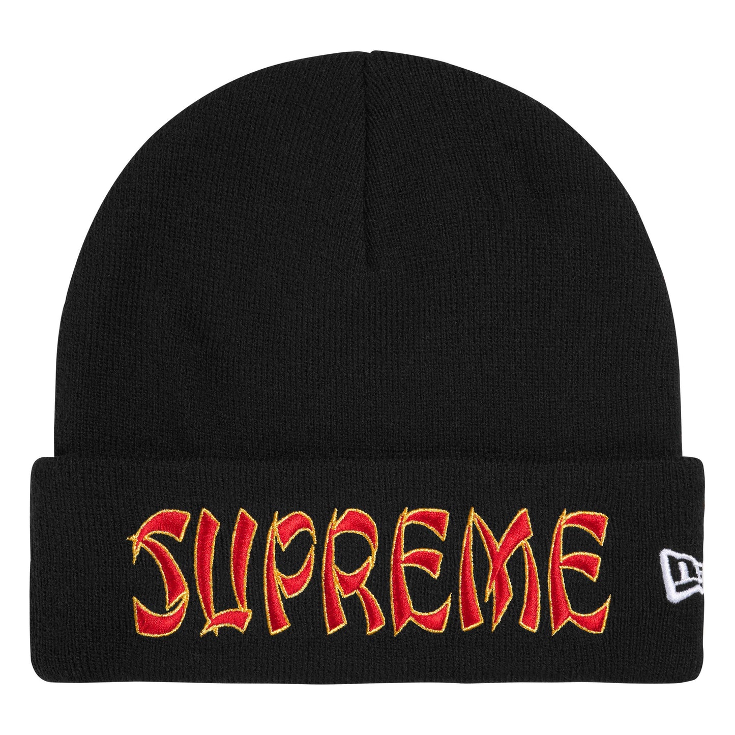 Supreme New Era Action black beanie, front view