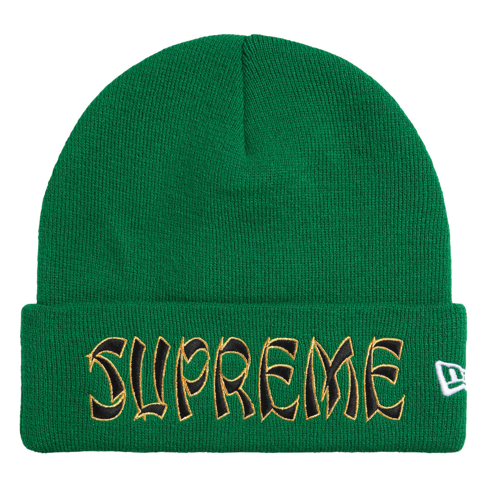 Supreme New Era Action green beanie, front view