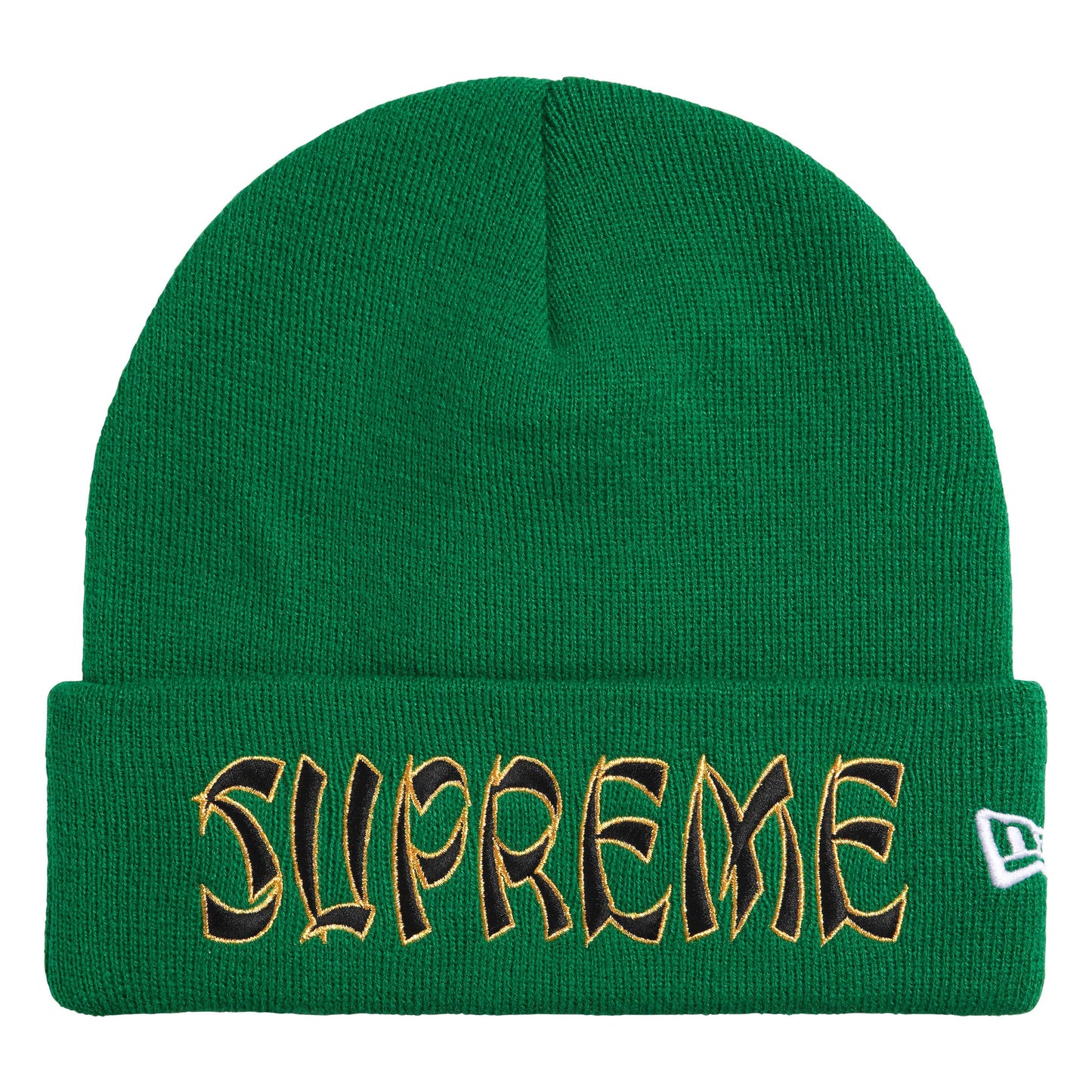Supreme New Era Action green beanie, front view