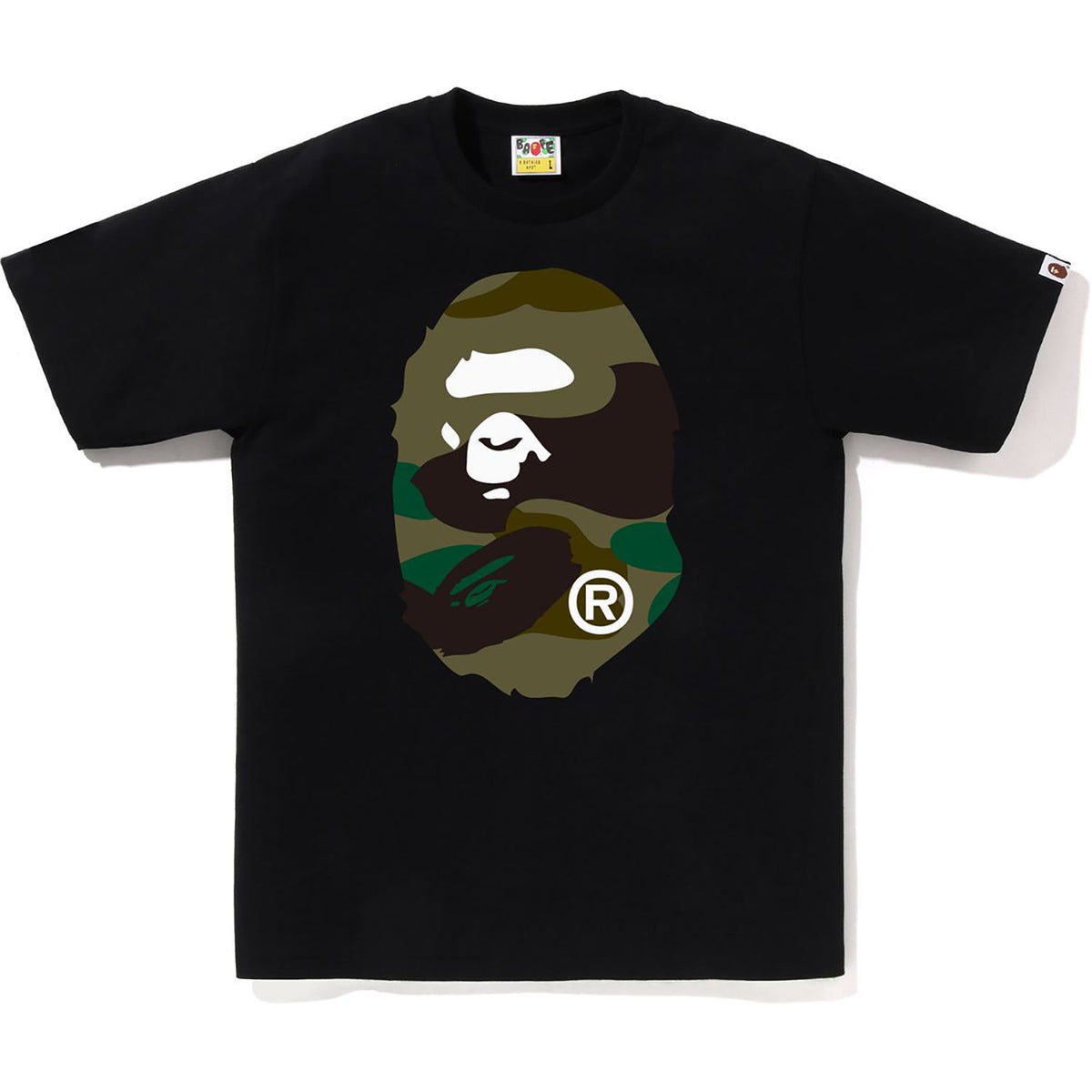 Bape Giant 1ST Camo Big Ape Head black and green T-shirt, front view
