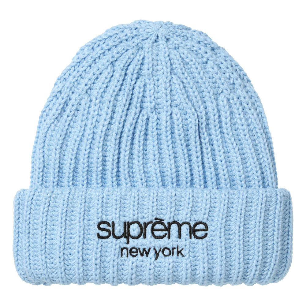 Supreme Classic Logo Chunky Ribbed light blue beanie, front view