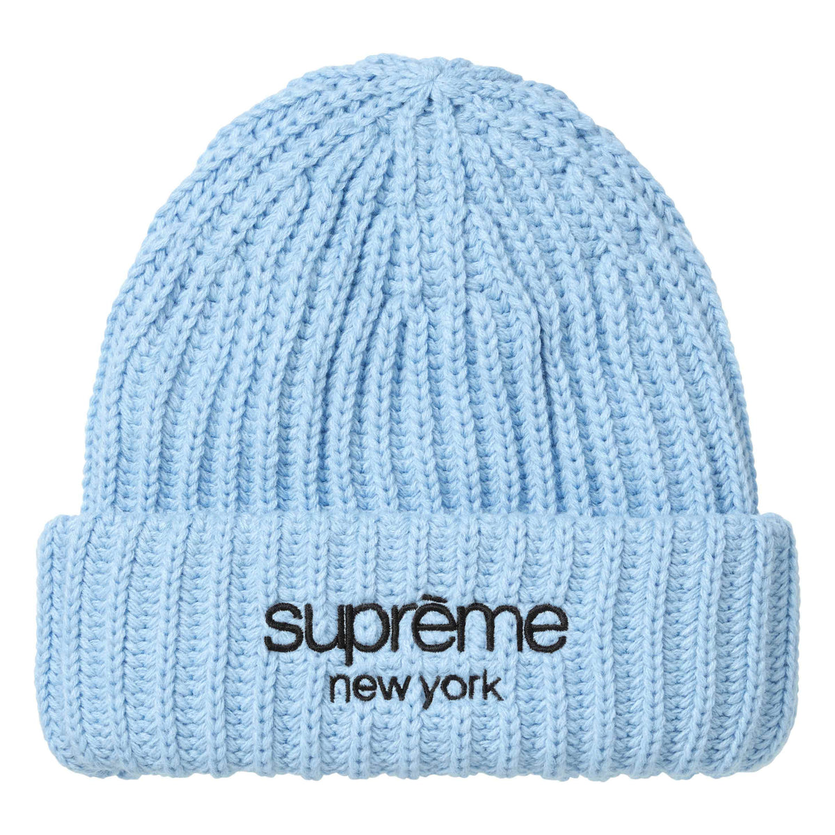 Supreme Classic Logo Chunky Ribbed light blue beanie, front view