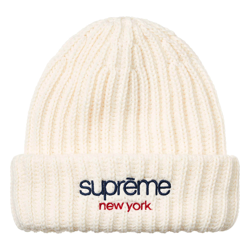 Supreme Classic Logo Chunky Ribbed white beanie, front view