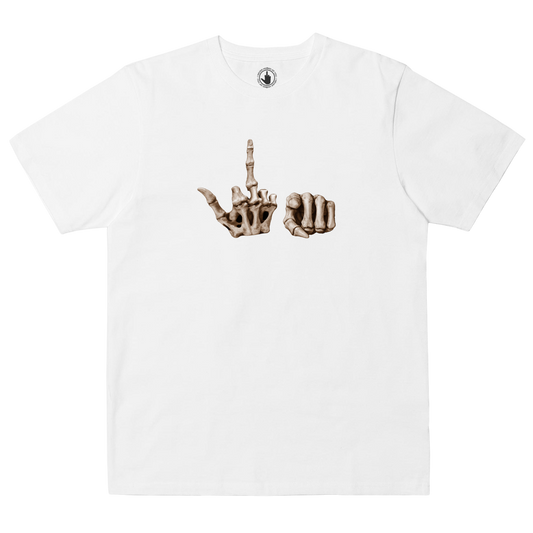 I Never Heard Of You Bone Hands white T-shirt, front view