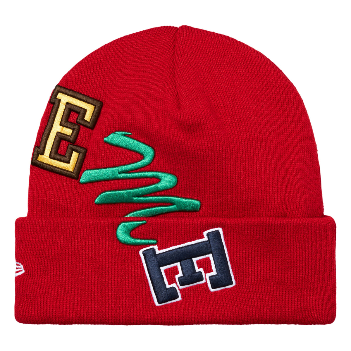 Supreme New Era Arc red beanie, back view