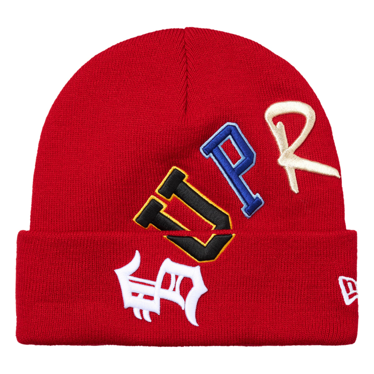 Supreme New Era Arc red beanie, front view