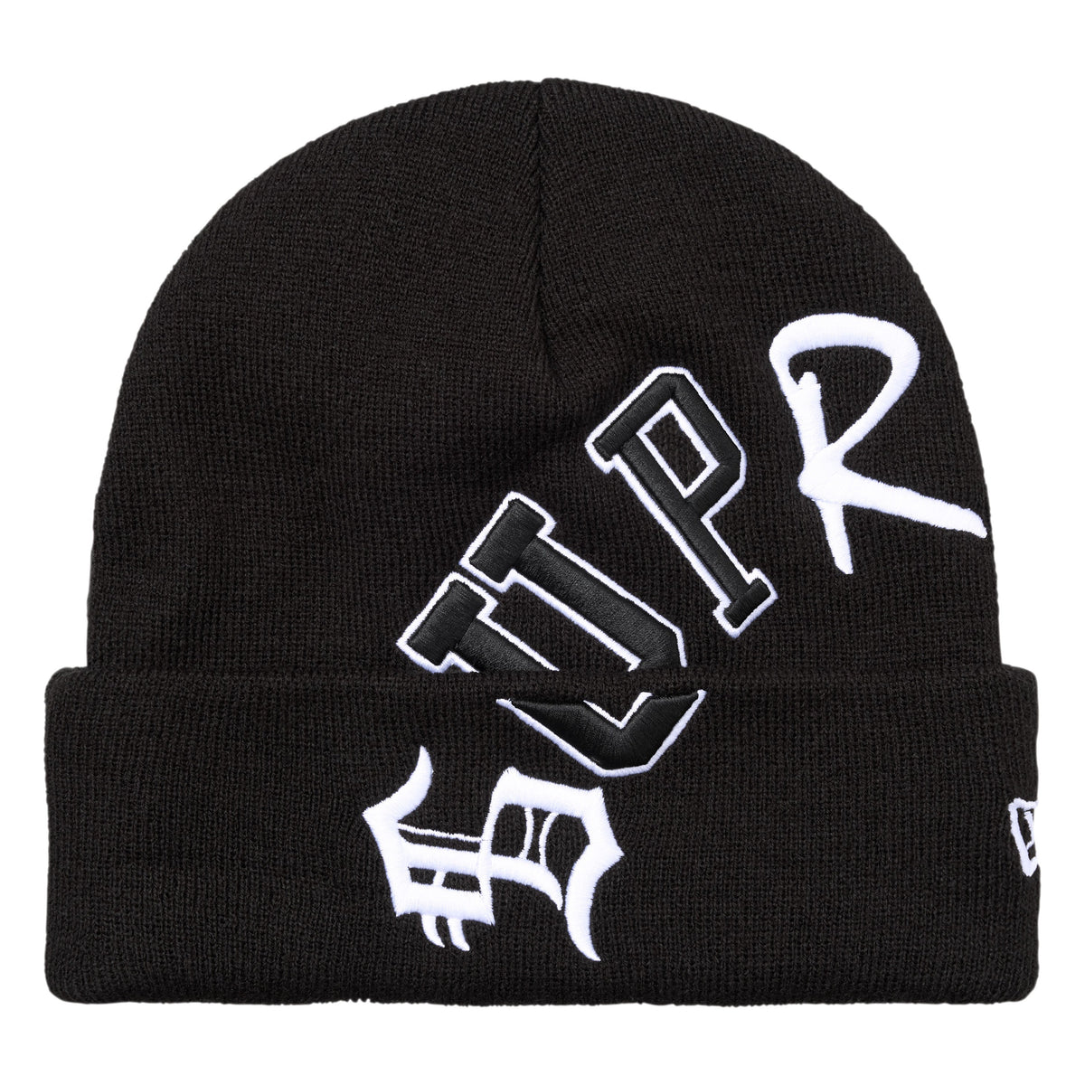 Supreme New Era Arc black beanie, front view