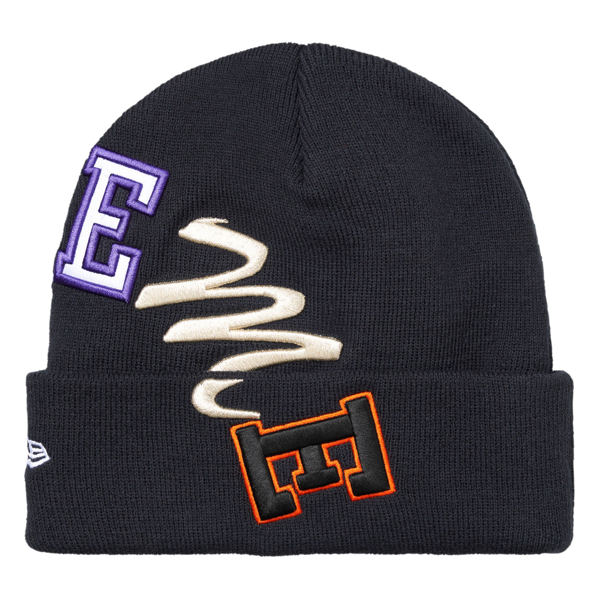 Supreme New Era Arc navy beanie, back view