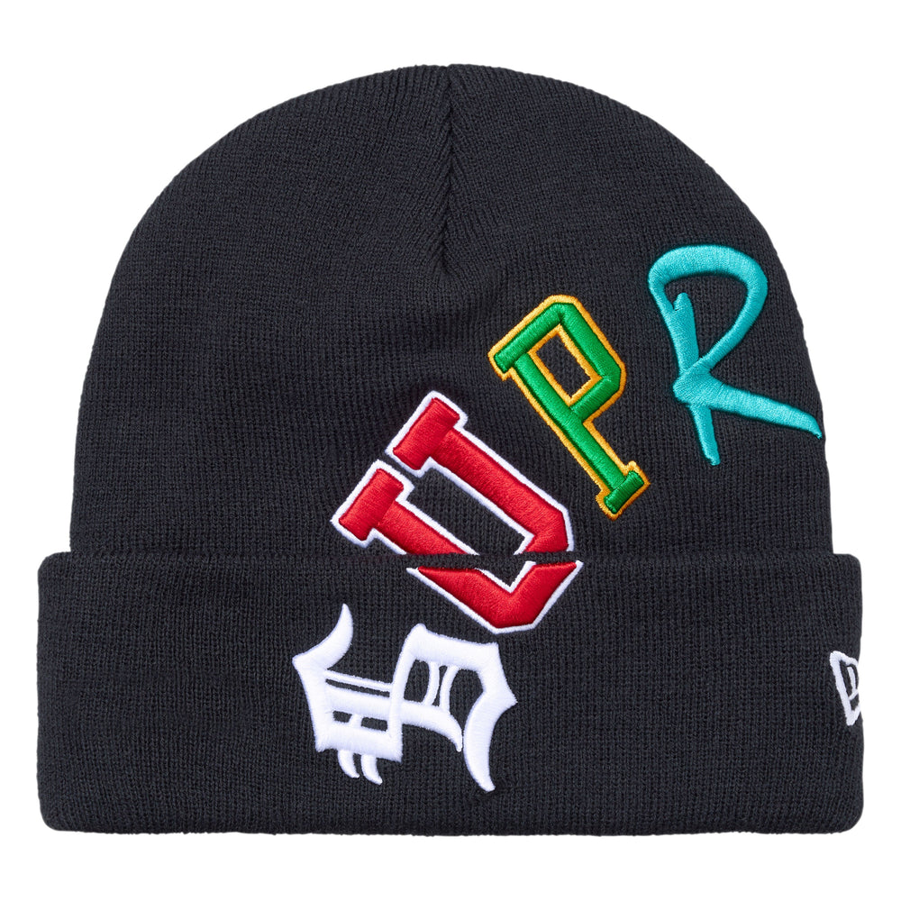 Supreme New Era Arc navy beanie, front view