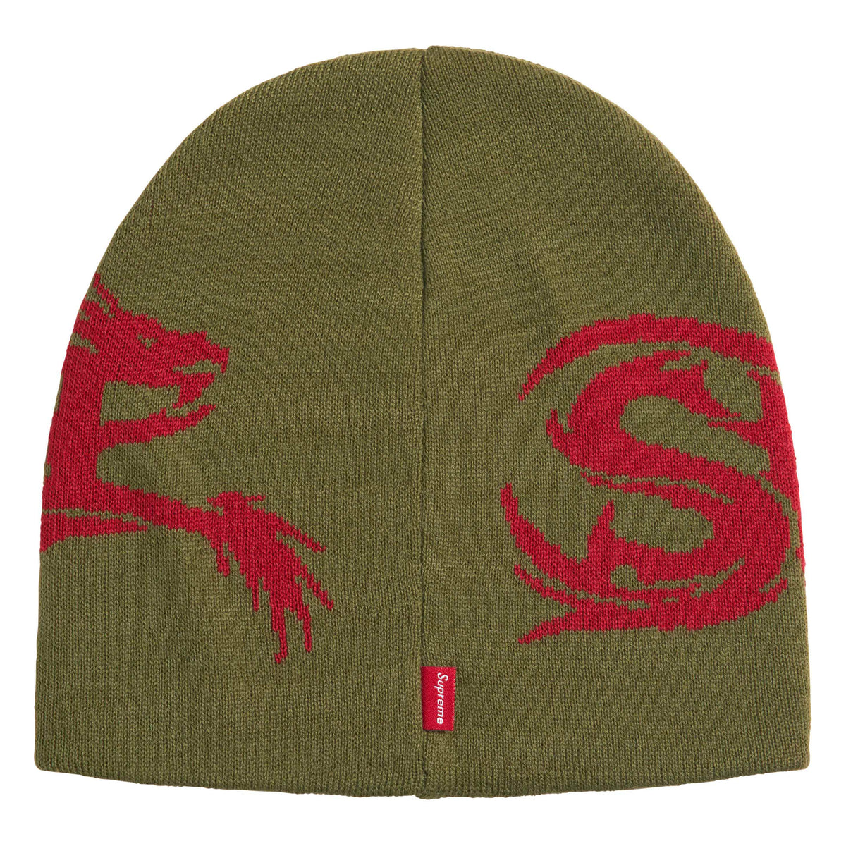 Supreme Dragon olive beanie, back view