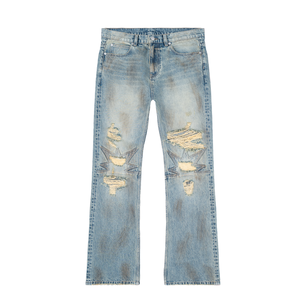 Bravest Studios Urchin Dirty Wash Flare Denim pants, flat front