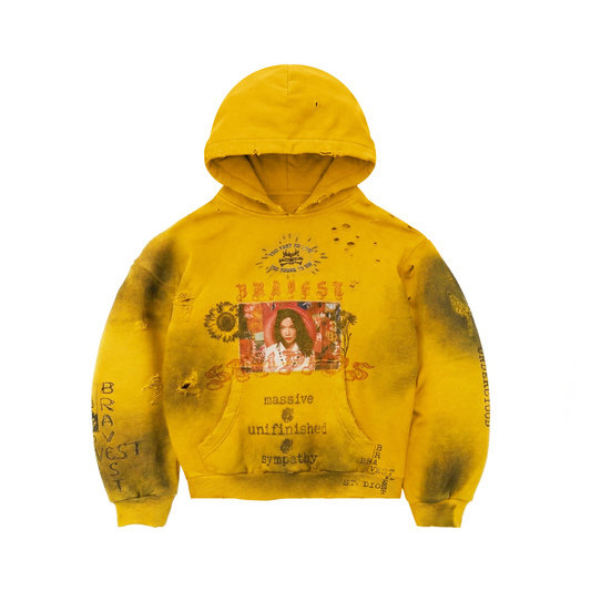 Bravest Studios Heirloom yellow hoodie, front view