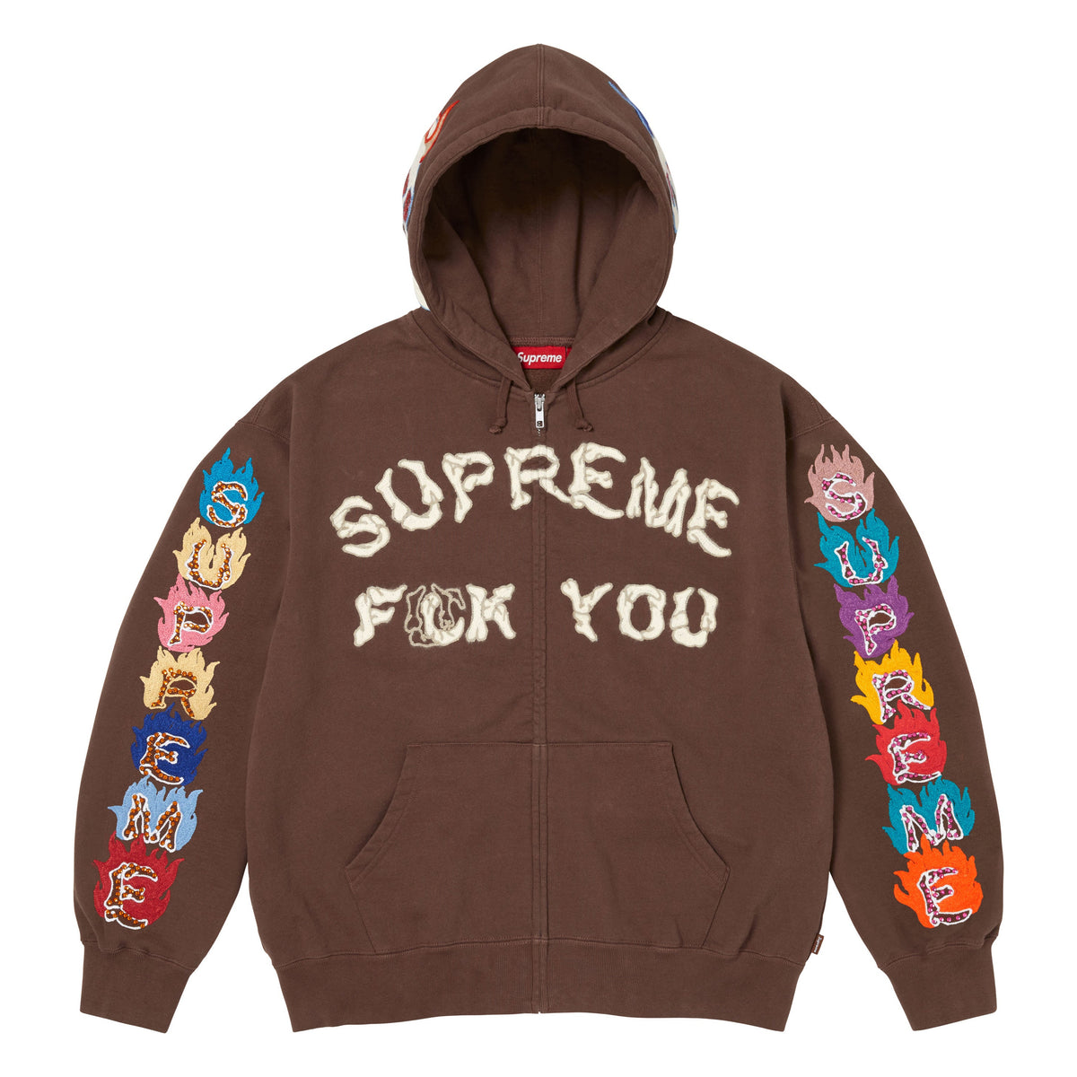 Supreme Fuck You brown zip up hoodie, front view