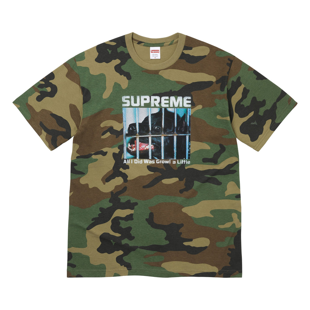 Supreme Growl woodland camo T-shirt, front view
