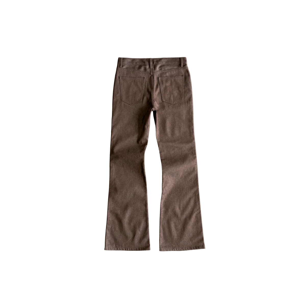 Bravest Studios Raw Flare Denim brown pants, back view
