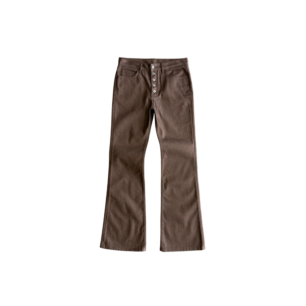 Bravest Studios Raw Flare Denim brown pants, front view