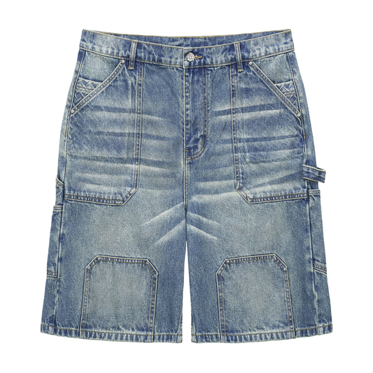 Menace Steel Embossed Stonewashed Denim Carpenter Shorts