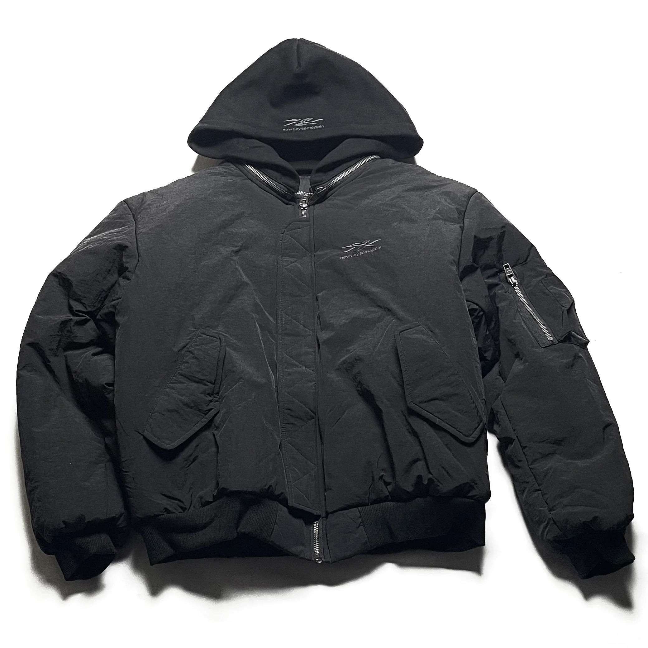 New Day Same Pain Sport Bomber Black Jacket - WyCo Vintage, Kansas New Day Same Pain Sport Bomber Black Jacket - WyCo Vintage, Kansas