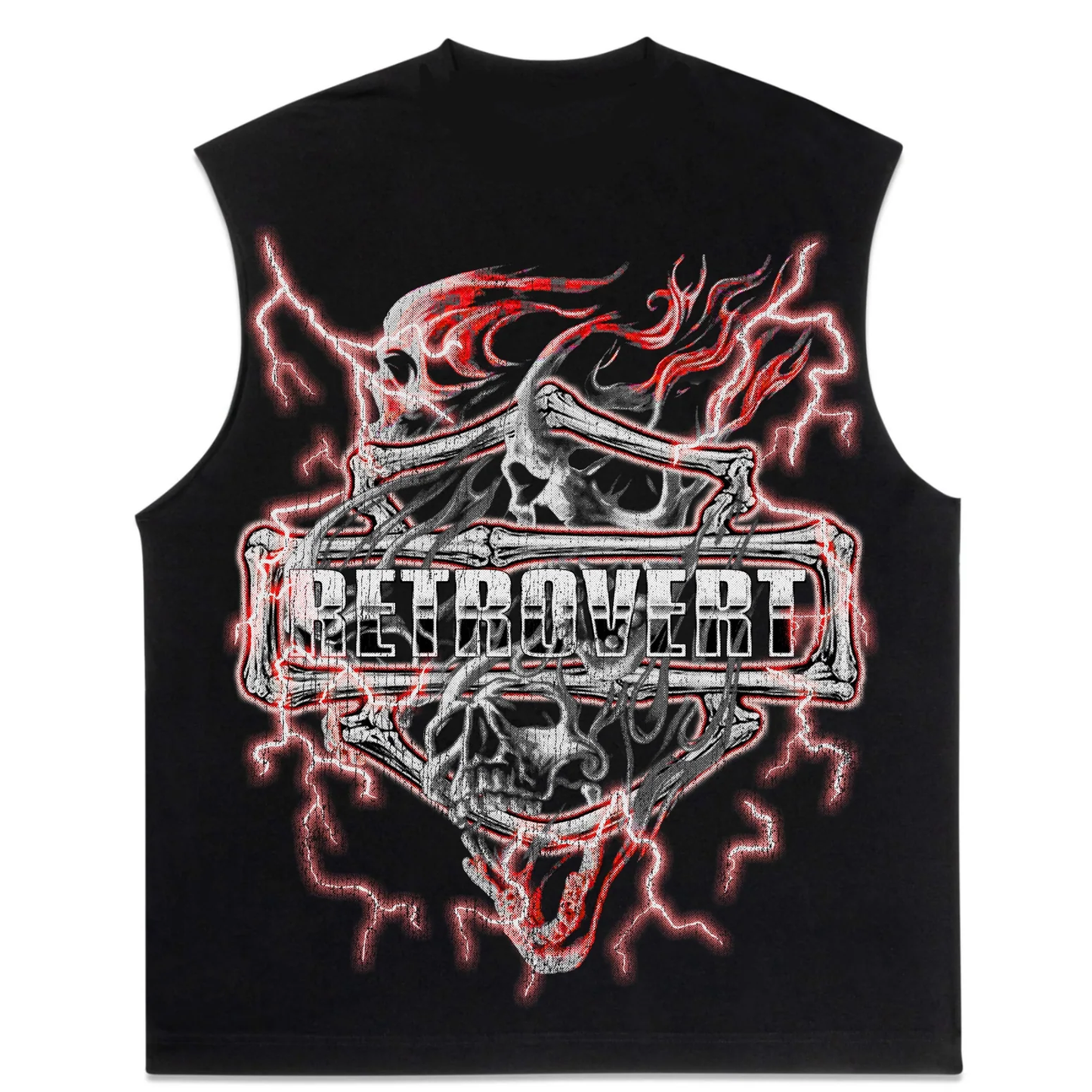 Retro Vert Flaming Skull Black Cut-Off Tee