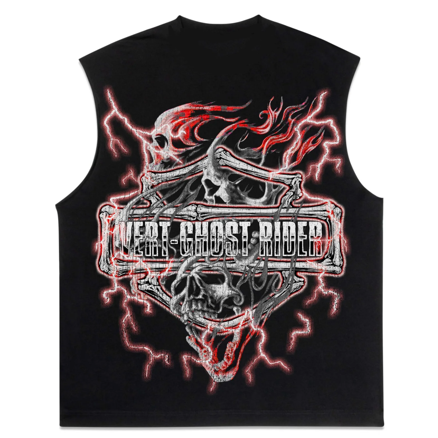 Retro Vert Flaming Skull Black Cut-Off Tee