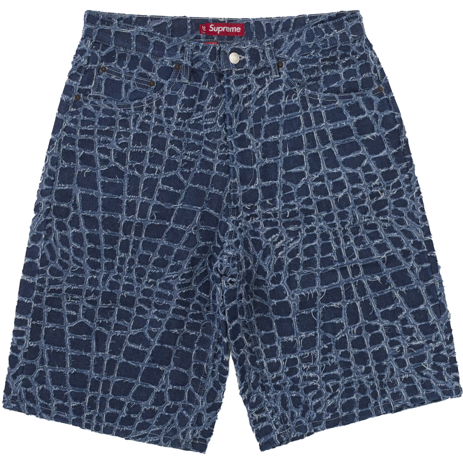 Supreme Frayed Croc Baggy Indigo Denim Shorts – WyCo Vintage Broadway Supreme Frayed Croc Baggy Indigo Denim Shorts – WyCo Vintage Broadway