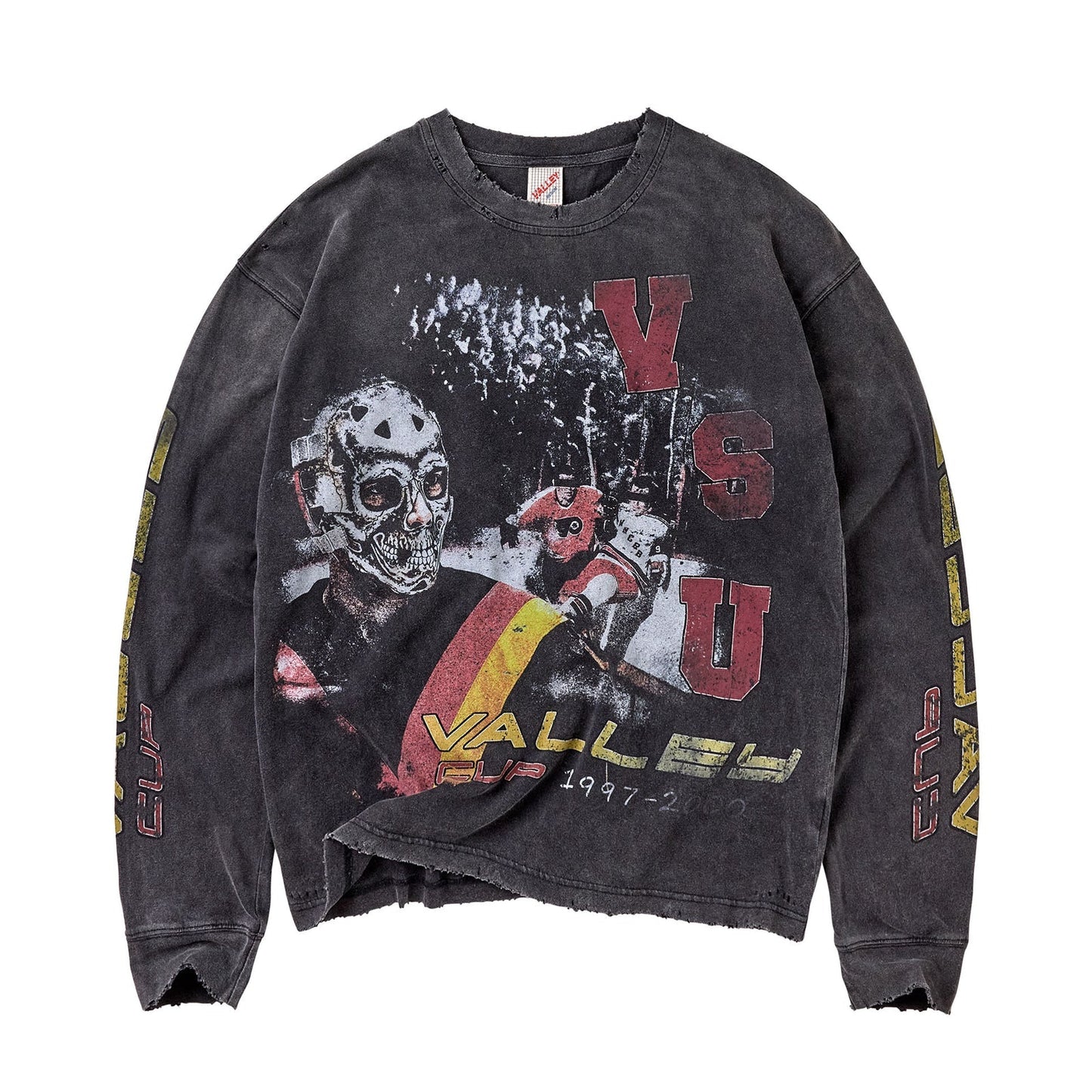 A washed black graphic sweatshirt featuring a horror-themed print with a skull, a red figure, and distressed text including 'VSU' and 'VALLEY 1947-2025' on the front, with additional graphics on the sleeves.