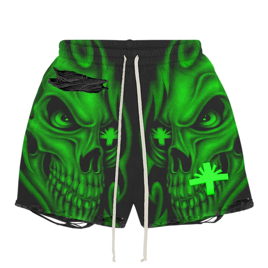 Vertabrae Green Skull Storm Distressed Black Shorts