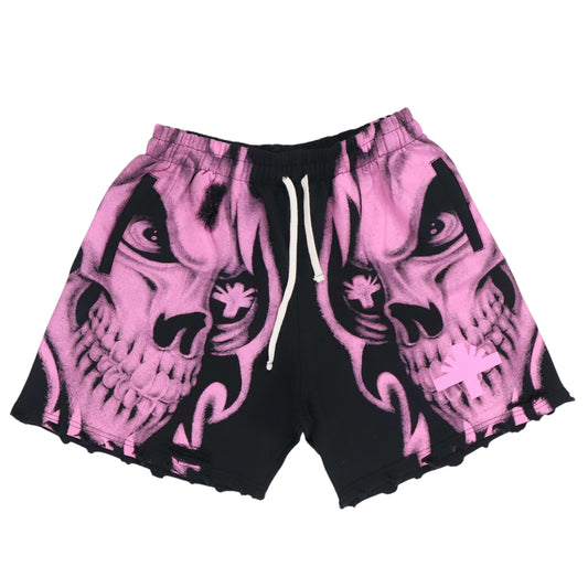 Vertabrae Pink Skull Storm Distressed Black Shorts