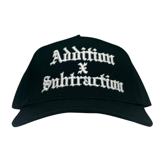 Addition By Subtraction Black 5 Panel Hat Front