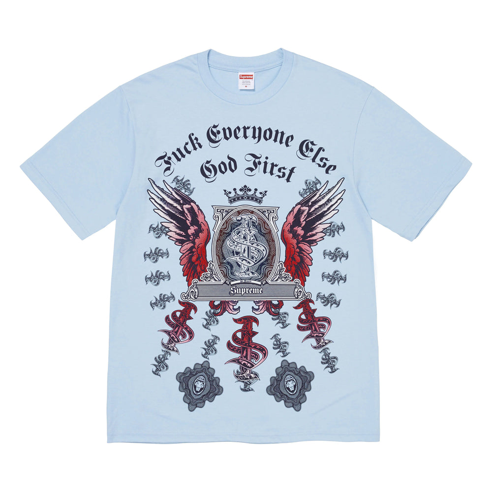Supreme Money powder blue T-shirt, front view