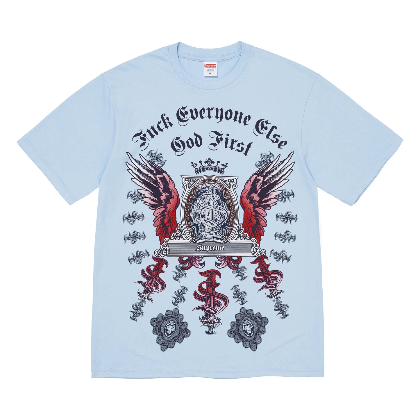 Supreme Money powder blue T-shirt, front view