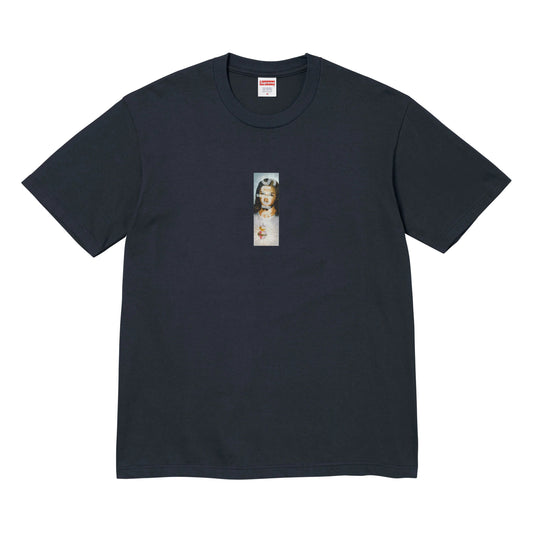 Supreme Prayer Card Box Logo navy T-shirt, front view