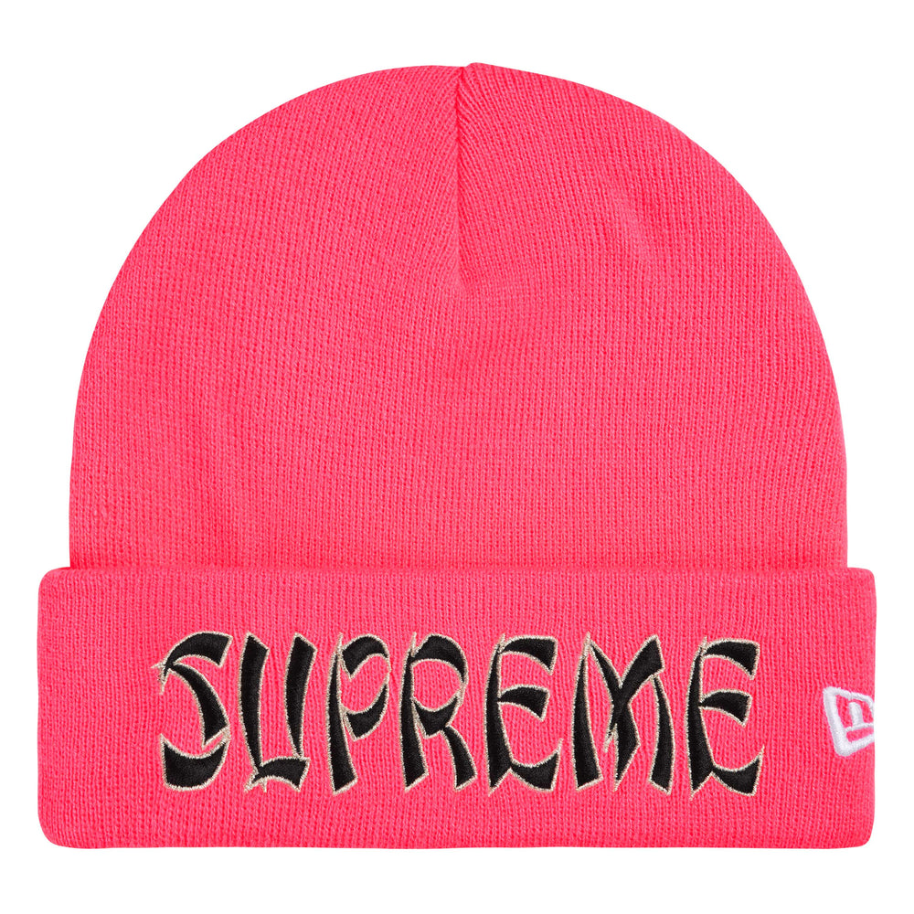 Supreme New Era Action pink beanie, front view