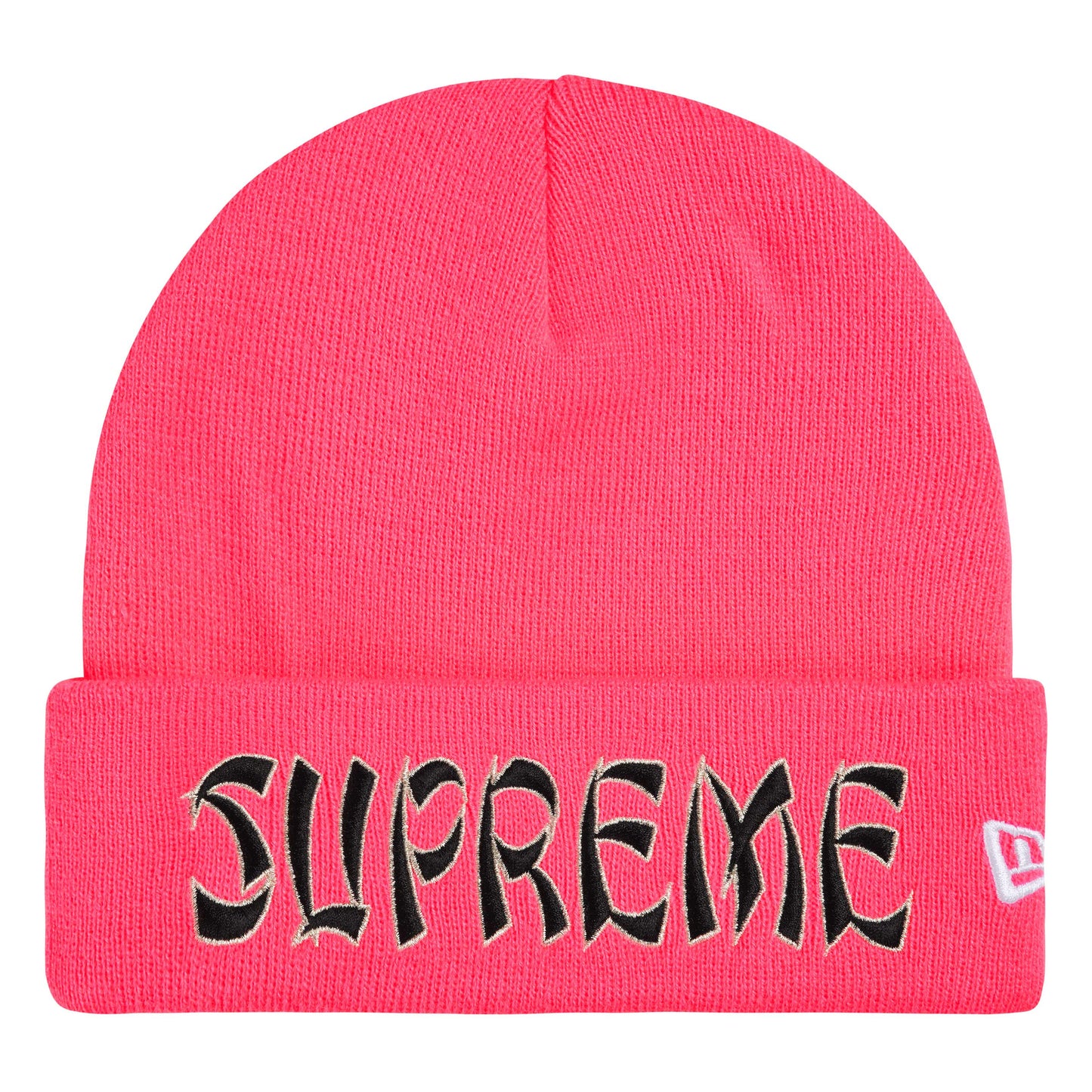 Supreme New Era Action pink beanie, front view