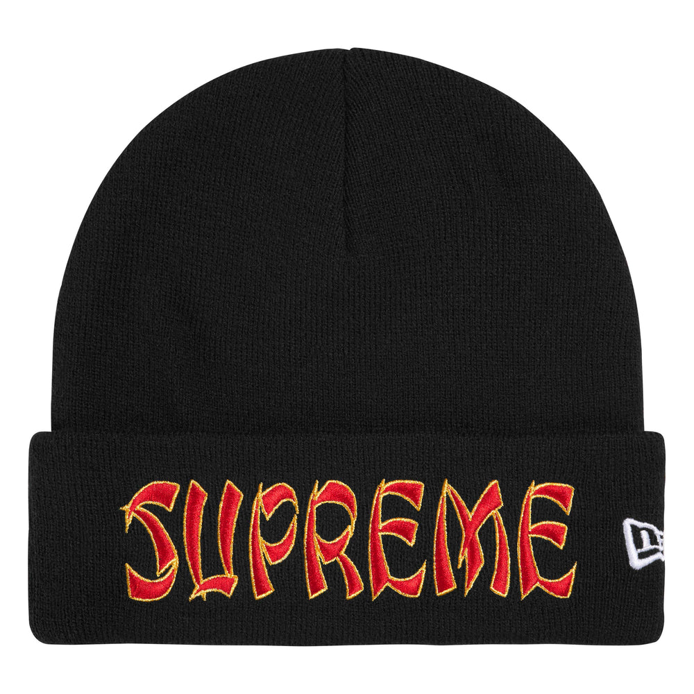 Supreme New Era Action black beanie, front view