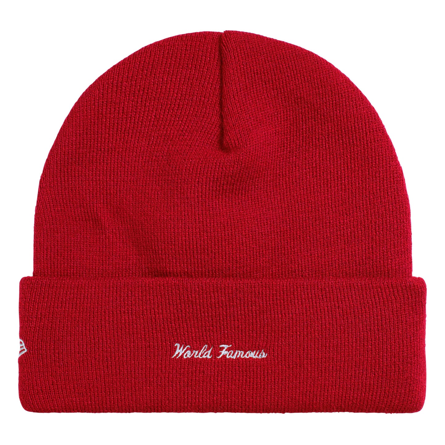 Supreme New Era Action red beanie, back view