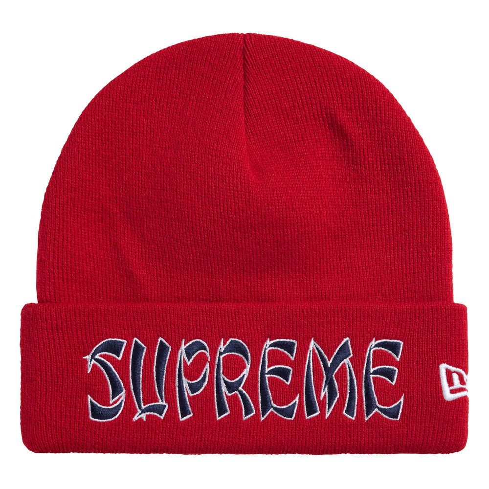 Supreme New Era Action red beanie, front view