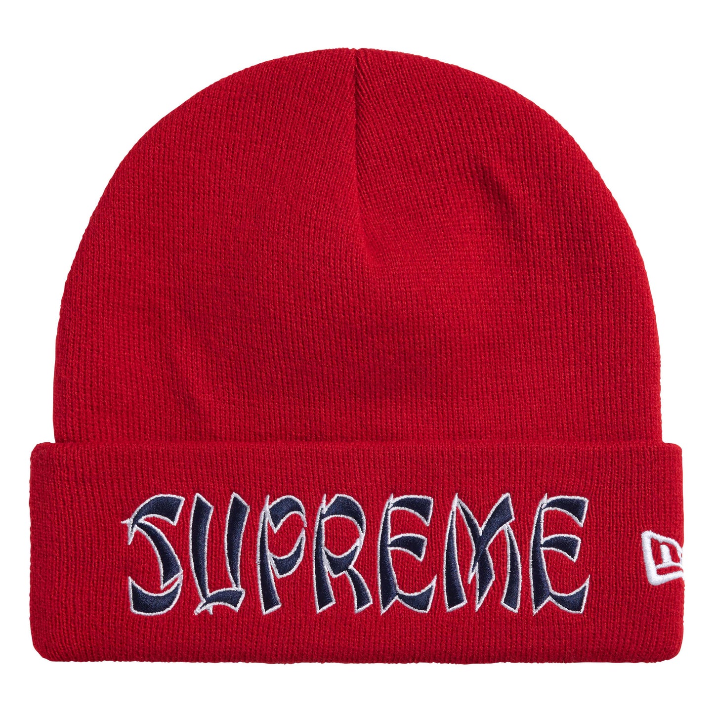 Supreme New Era Action red beanie, front view