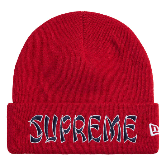 Supreme New Era Action red beanie, front view