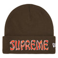 Supreme New Era Action brown beanie, front view