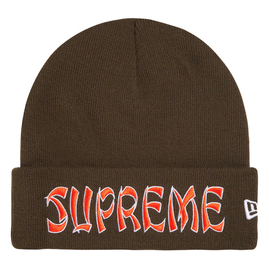 Supreme New Era Action brown beanie, front view