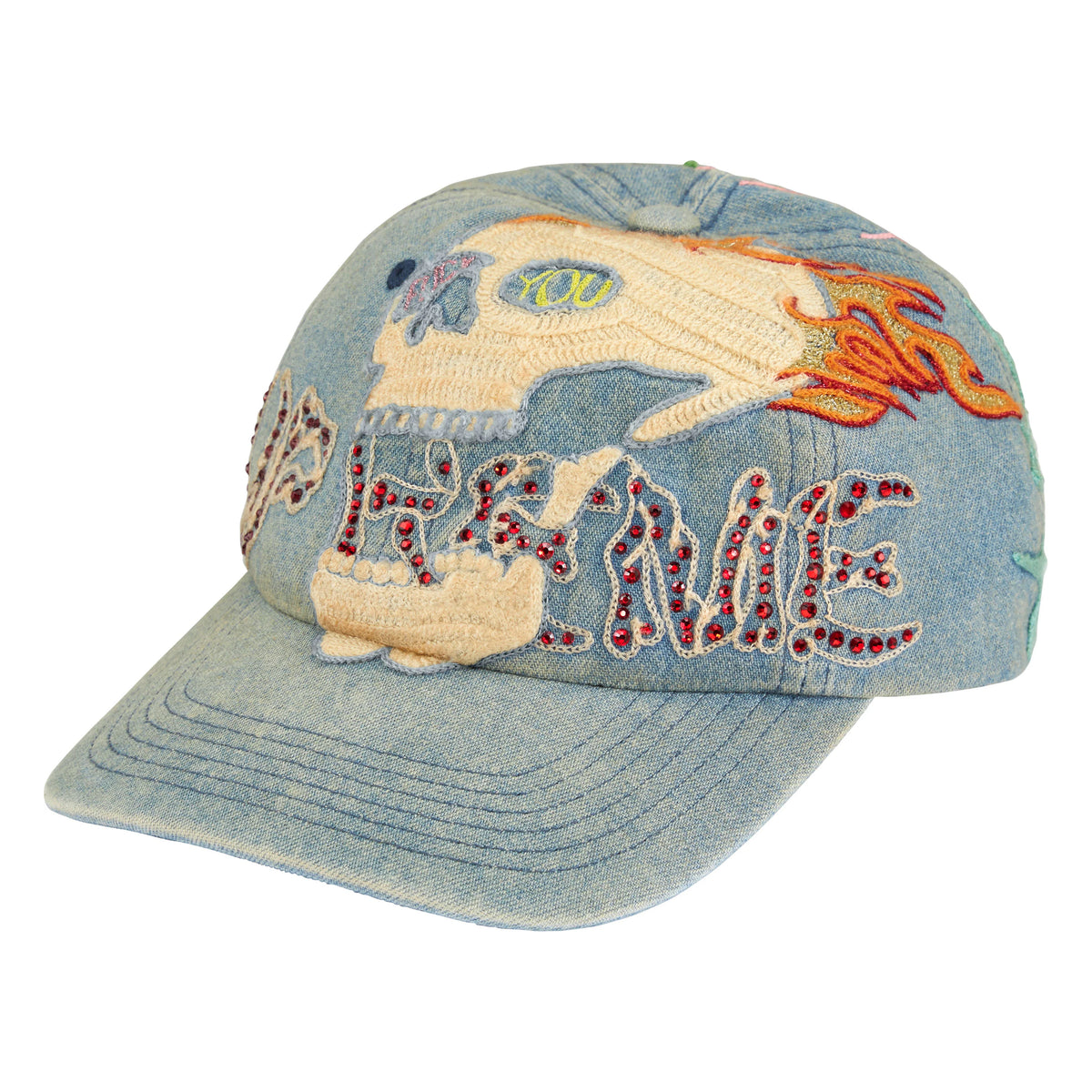 Supreme WFST denim 6-panel cap, front view