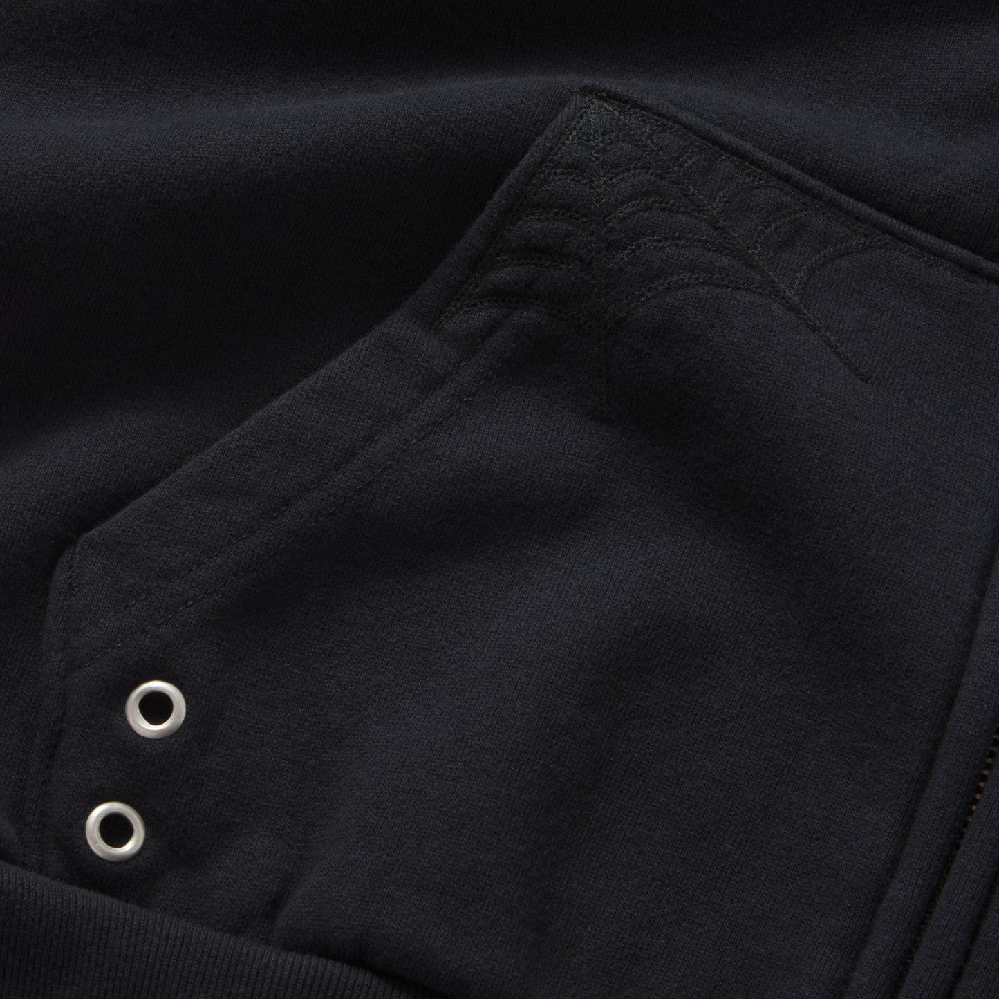 Sp5der Overprint Onyx Zip Hoodie grommet detail