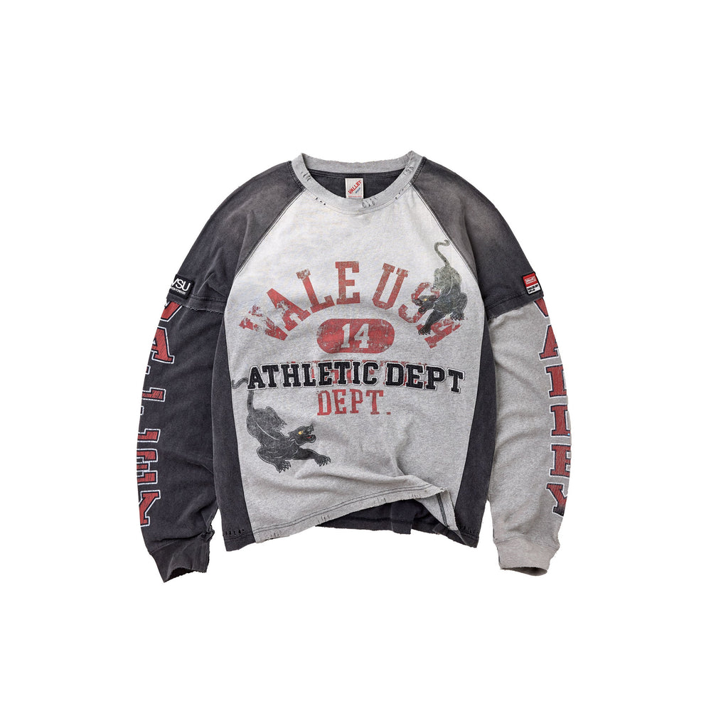 Vale Varsity grey long sleeve shirt, front view