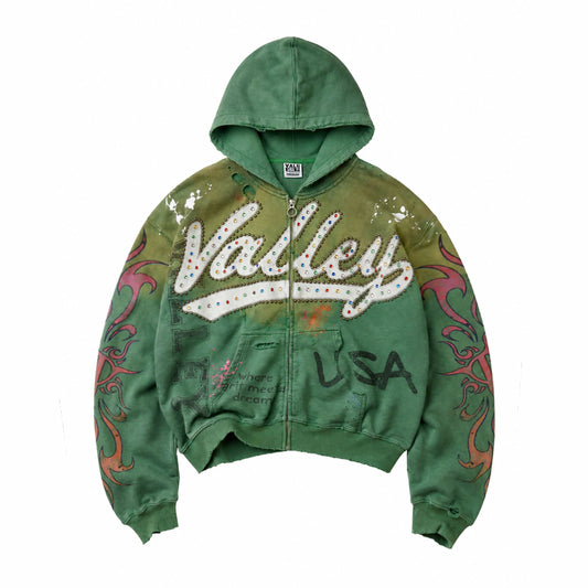Vale Inferno green zip up hoodie, front view